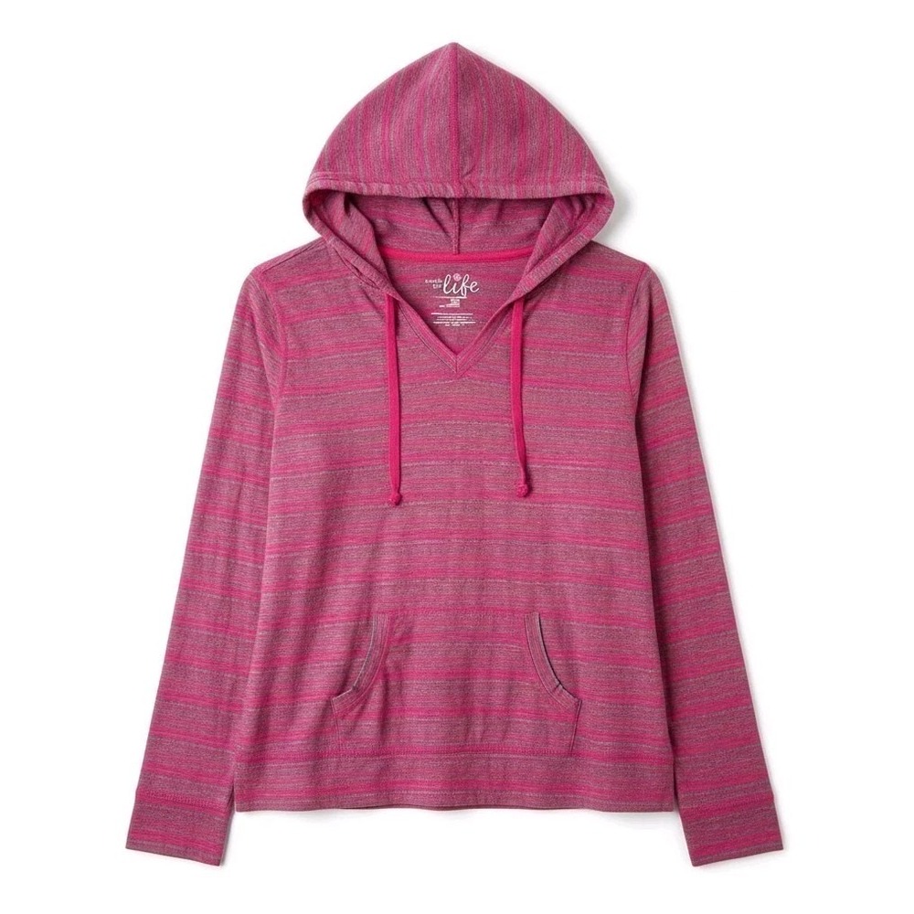 Made For Life Womens Pink Gray Striped V-Neck Hoodie Kangaroo Pocket XL